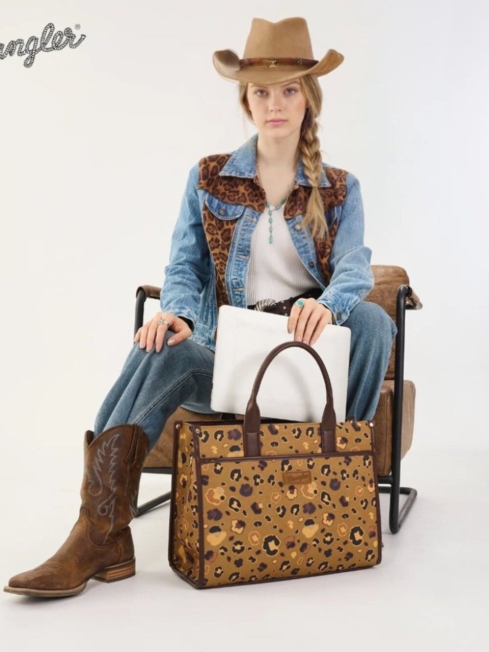 Wrangler Leopard Print Canvas Oversized Tote with Adjustable Strap Coffee